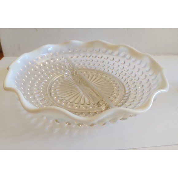 Vintage Fenton Glass Divided Hobnail Serving Dish scalloped frosted edges 7 3/4" - Picture 11 of 11